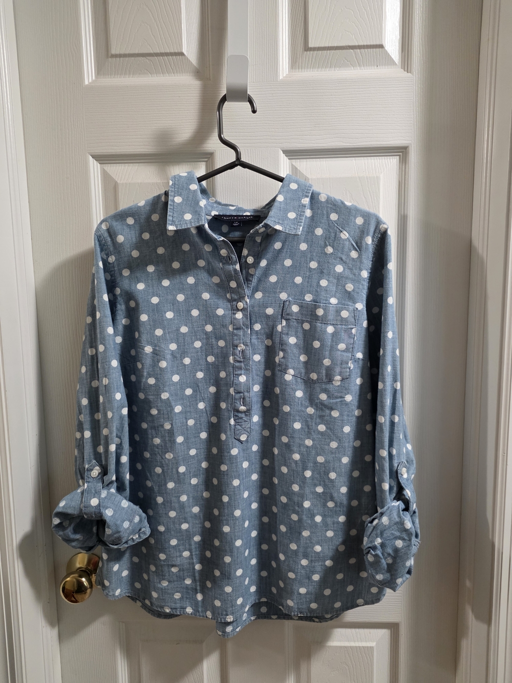 Polka Dot Chambray Button-Front Womens Shirt - Light Blue